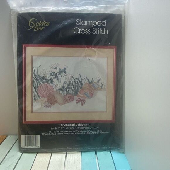 Golden Bee Stamped Cross Stitch Kits Fruit Basket & Shells Daisies Vintage Lot - Picture 4 of 5